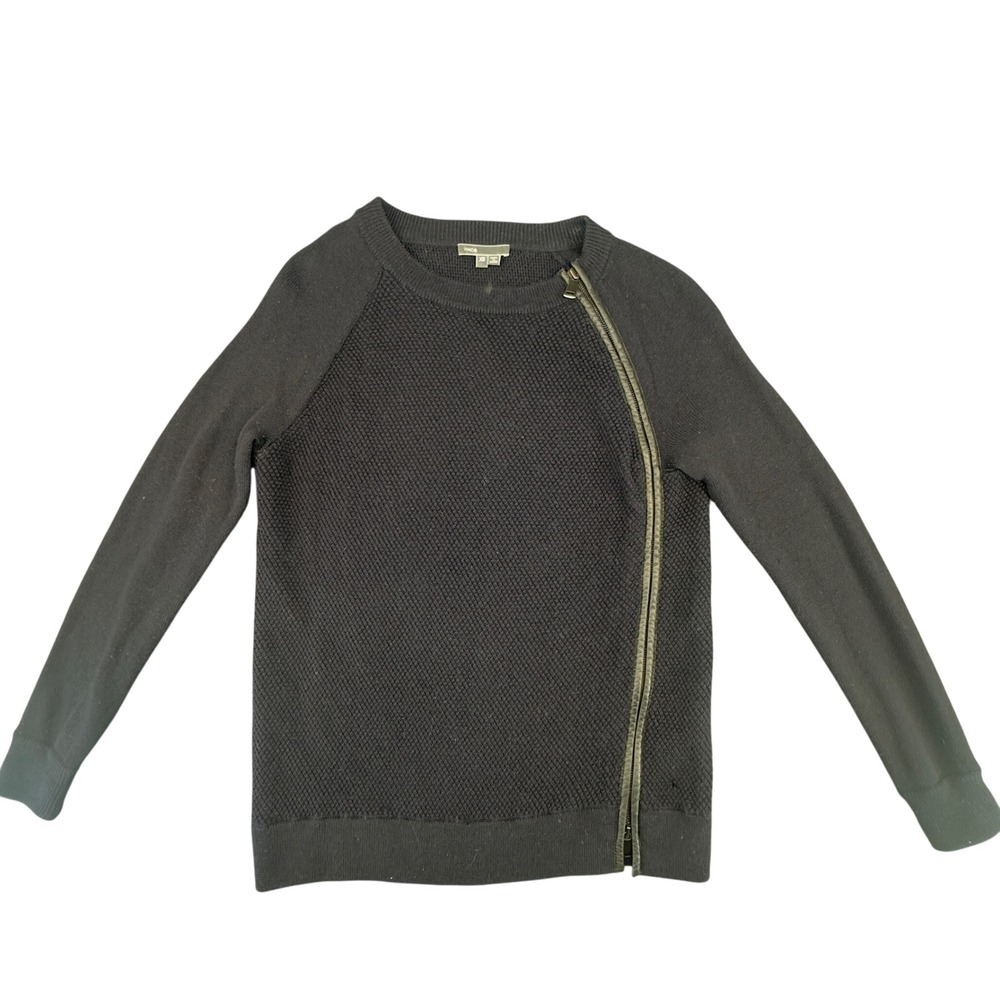 Vince Textured Knit leather Asymmetrical zip navy sweater Womens XS - Picture 2 of 9